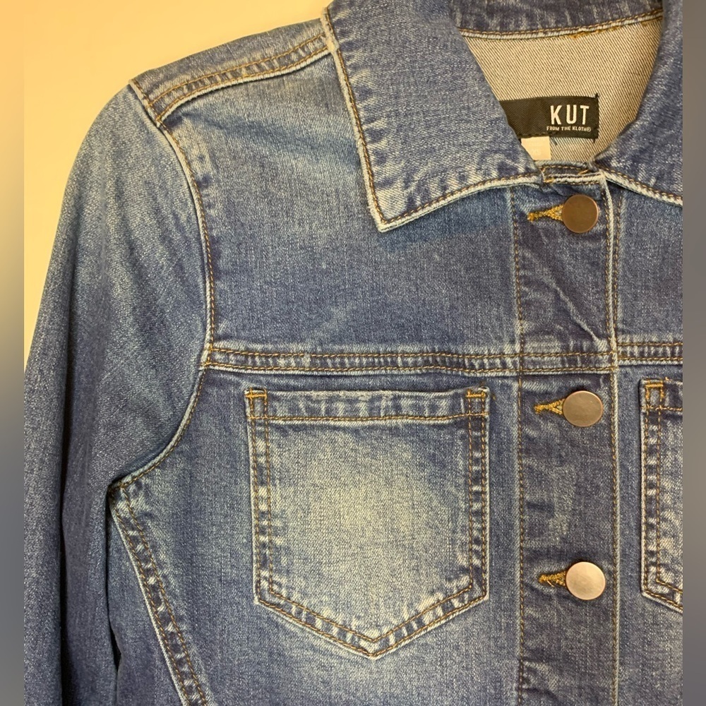 Kut From the Kloth Brene Raw Hem Women’s Stretch Blue Denim Jacket SZ XS! - Picture 4 of 10